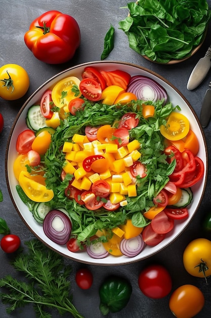 Una vista aérea de una ensalada de verduras con rebanadas de tomates jugosos y pimientos coloridos