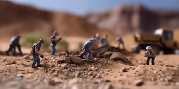 Una vista aérea de un equipo de excavación arqueológica que trabaja en un paisaje desértico generado por la IA