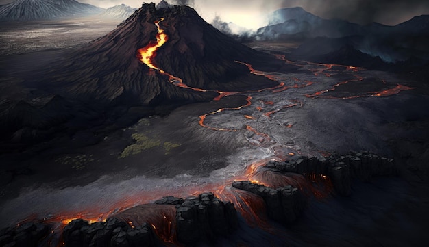 Vista aérea de la erupción del volcán con lava que fluye sobre el magma de fondo de la montaña rocosa Ai generativo