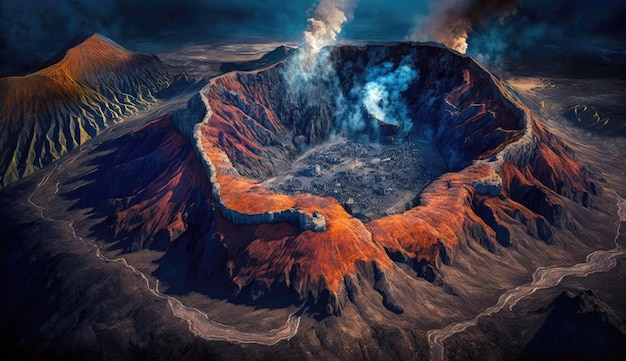 Vista aérea de la erupción del volcán con lava que fluye sobre el magma de fondo de la montaña rocosa Ai generativo