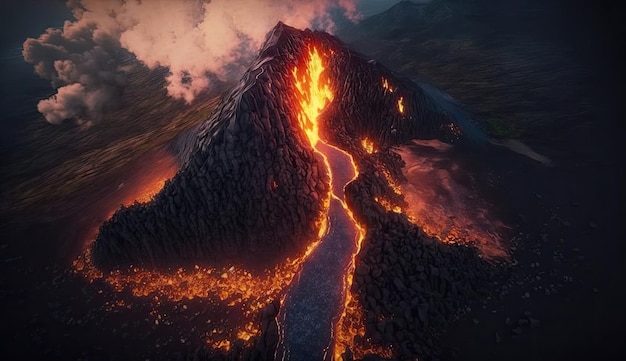 Vista aérea de la erupción del volcán con lava que fluye sobre el magma de fondo de la montaña rocosa Ai generativo