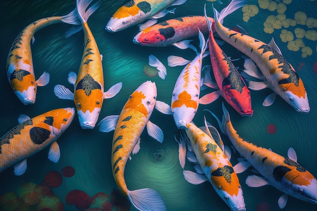 Vista aérea de una escuela de peces koi vibrantes en el agua