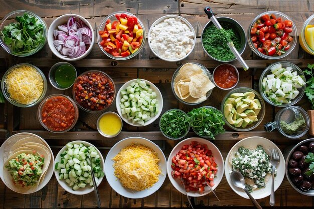 Vista aérea de una estación de ensamblaje de tacos con varios