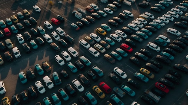Vista aérea de un estacionamiento con muchos autos Ai generativo