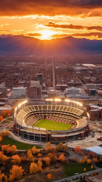 Vista aérea de un estadio de fútbol al atardecer