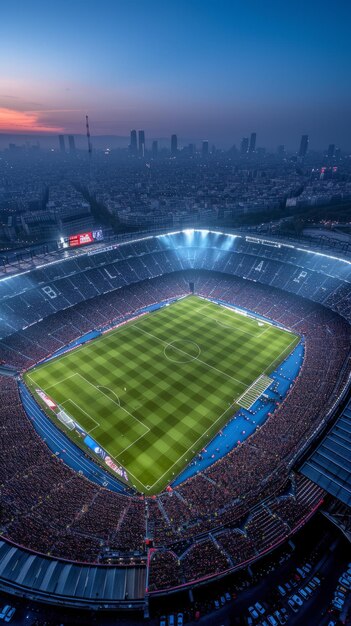 Vista aérea de un estadio de fútbol con una gran multitud por la noche