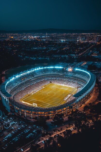 Vista aérea de un estadio de fútbol por la noche con las luces encendidas y la gente en las gradas.