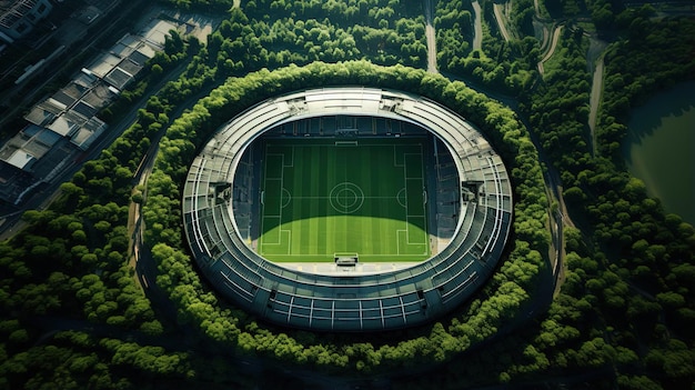 vista aérea de un estadio vacío con árboles que lo rodean al estilo de la onda soviética