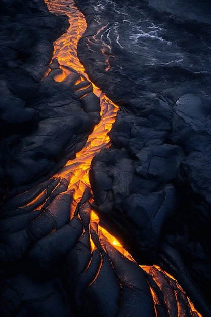 Vista aérea estriado de roca negra con venas de lava luz de rastrillo vibrante