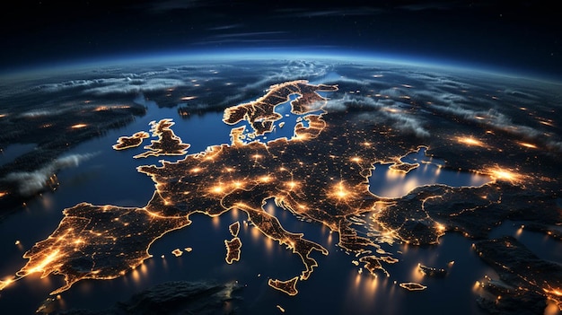 Vista aérea de Europa desde el espacio por la noche Tecnología de comunicación con red global de Internet conectada en Europa