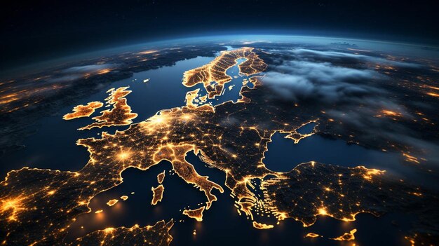 Foto vista aérea de europa desde el espacio por la noche tecnología de comunicación con red global de internet conectada en europa