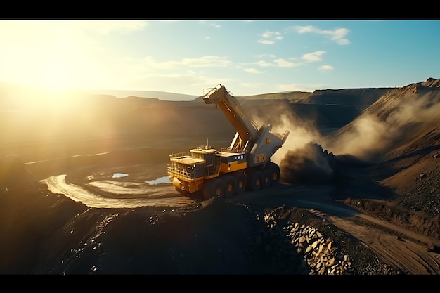 Vista aérea de una excavadora que trabaja en un gran campo de carbón de una central eléctrica ubicada en el campo