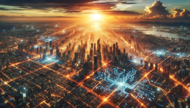 Vista aérea de un extenso paisaje urbano al amanecer brillo cálido del sol iluminando la densa red de edificios calles circuitos digitales que muestran la intersección de la tecnología de la vida urbana