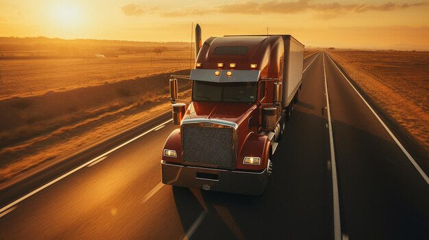 Foto vista aérea extrema de un camión estadounidense conduciendo por una autopista en el día de la puesta del sol