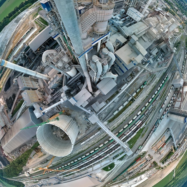 Vista aérea de la fábrica de cemento con estructura de planta de hormigón alto y grúa torre en el sitio de producción industrial Fabricación y concepto de industria global