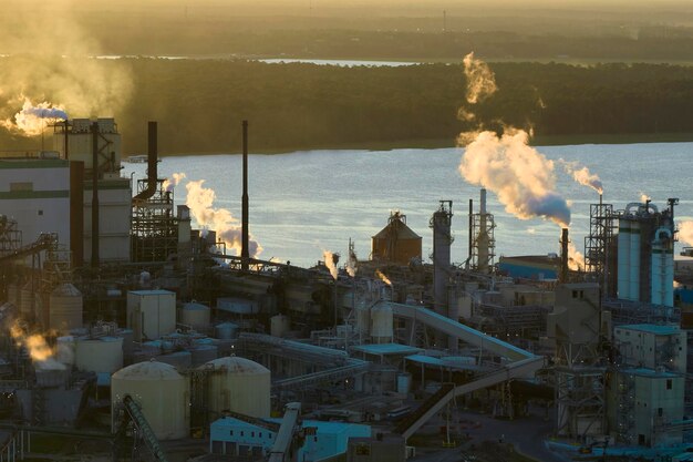 Vista aérea de la fábrica de procesamiento de madera con humo del proceso de producción que contamina la atmósfera en el patio de fabricación de la planta Sitio industrial al atardecer