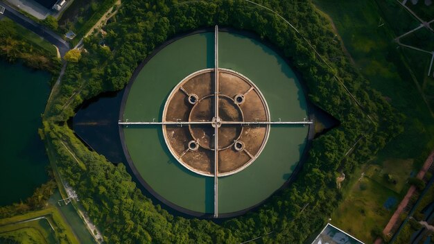 Vista aérea de la fábrica de tratamiento de agua en la instalación de depuración de aguas residuales de la ciudad