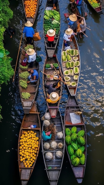 Vista aérea famoso mercado flotante en Tailandia Damnoen Saduak mercado flotante