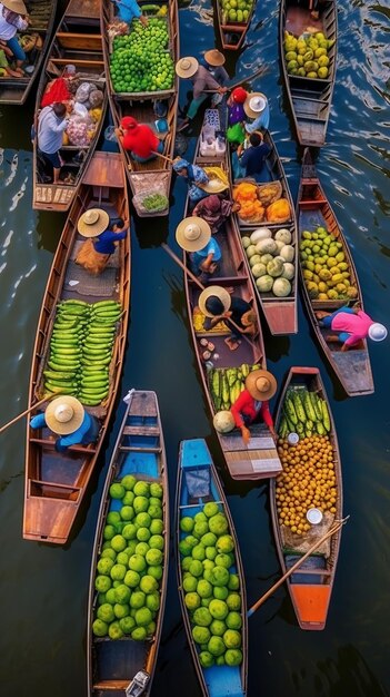 Foto vista aérea famoso mercado flutuante no mercado flutuante de tailândia damnoen saduak
