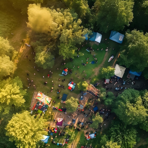 Vista aérea de un festival con carpa y gente en primer plano