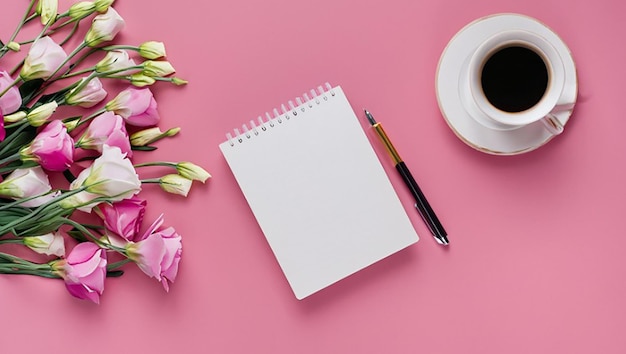 Una vista aérea de las flores de eustoma con pluma de tarjeta de diario y taza de café en el espacio de copia de fondo rosa