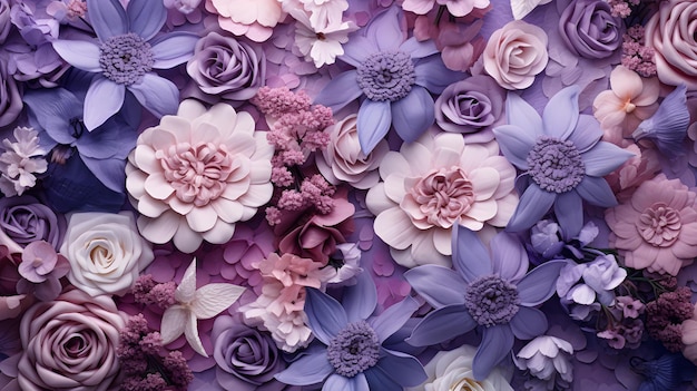 Una vista aérea de las flores de primavera contra un fondo de colores lila púrpura y magenta IA generativa