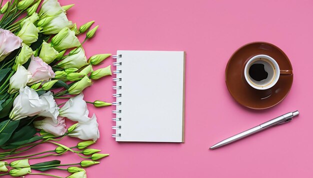 Una vista aérea de flores de ramo con pluma de tarjeta de diario y taza de café en el espacio de copia de fondo rosa