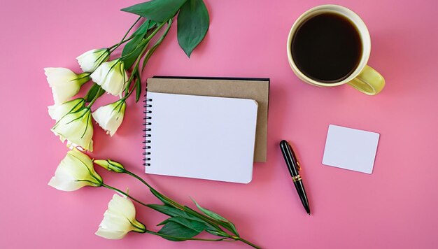 Una vista aérea de flores de ramo con pluma de tarjeta de diario y taza de café en el espacio de copia de fondo rosa