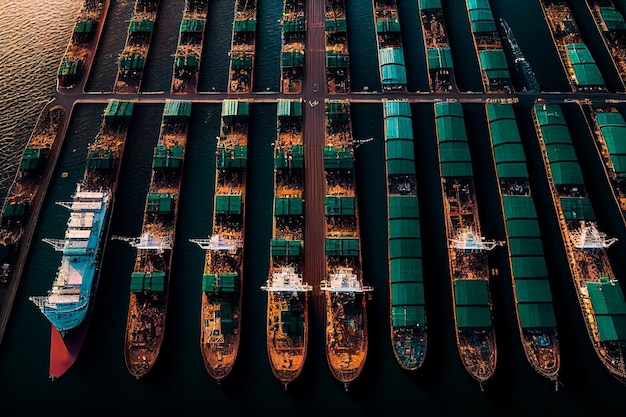 Una vista aérea de una flota de petroleros alineados en un puerto, esperando ser cargados o descargados IA generativa. foto de alta calidad