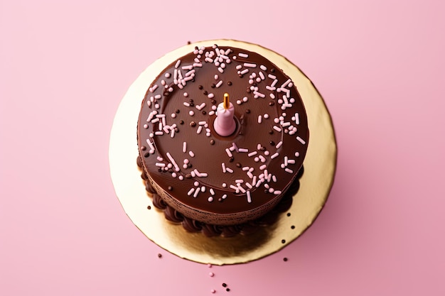 Vista aérea de un fondo rosa con letras doradas de feliz cumpleaños en un pastel de chocolate