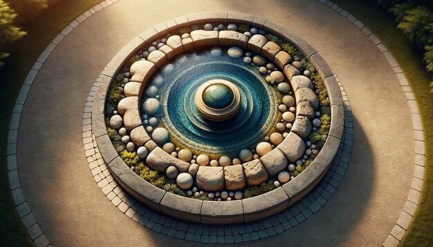 Vista aérea Fonte de água de pedra realista com ênfase em texturas e cores naturais