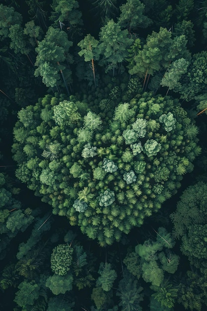 Vista aérea de una forma de corazón de bosque en la Tierra