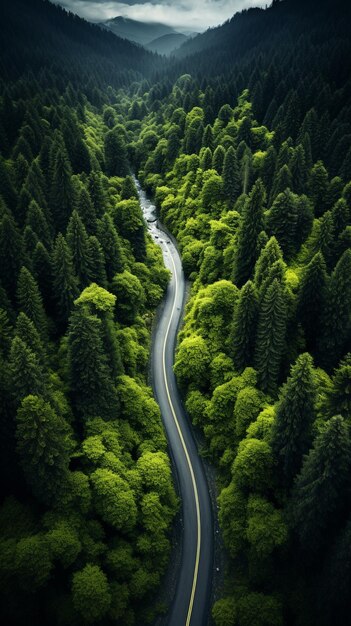 Foto una vista aérea fotorrealista de la carretera que atraviesa el bosque, vista superior estricta