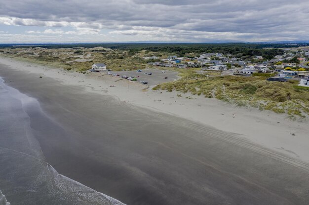 Vista aérea de Foxton Beach en Nueva Zelanda