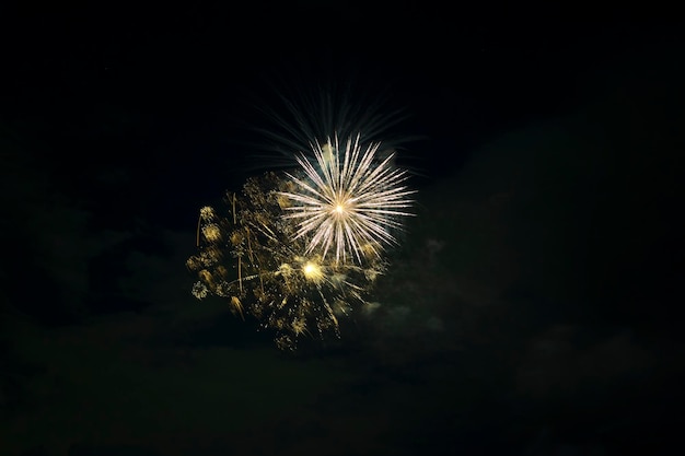 Vista aérea de fuegos artificiales brillantes explotando con luces de colores contra el cielo nocturno oscuro en el feriado del Día de la Independencia de EE.UU.