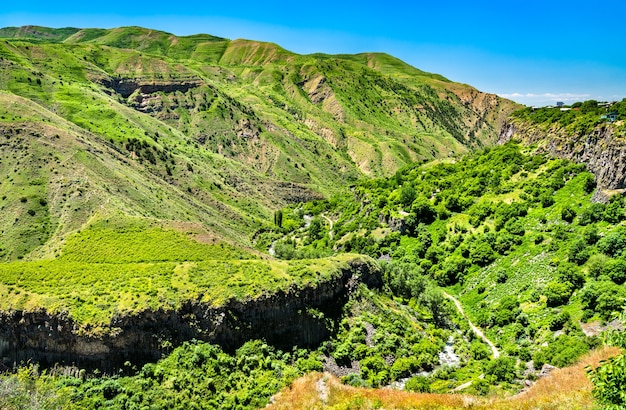 Vista aérea del Garni Gorge con formaciones de columnas de basalto únicas en Armenia