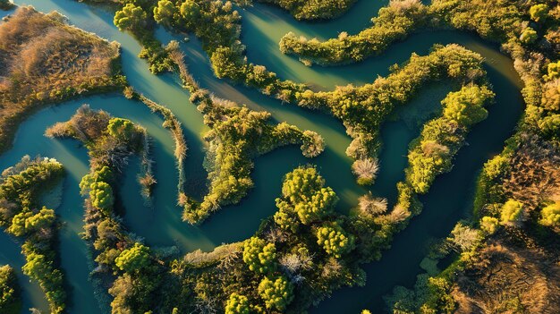 Vista aérea generativa de AI de las vías fluviales laberínticas foto de drones hermoso paisaje