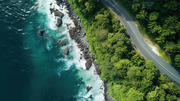 Vista aérea generativa de IA de uma estrada de asfalto curva perto do oceano ou da costa marítima