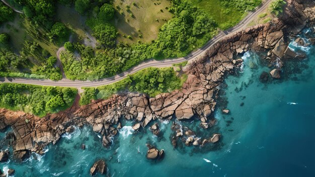 Vista aérea generativa de IA de uma estrada de asfalto curva perto do oceano ou da costa marítima