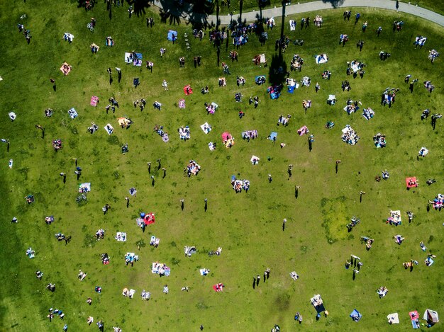 Vista aérea de la gente en un parque de la ciudad en un día de verano, sentada, de pie, sobre alfombras de picnic.