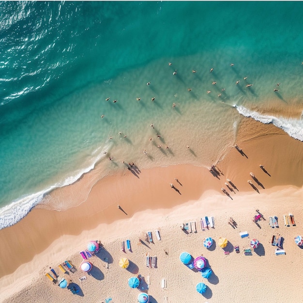 Vista aérea de gente tomando el sol en la playa en verano