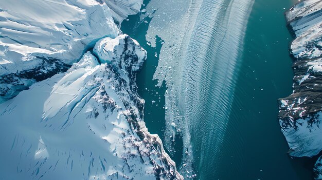 Una vista aérea de un glaciar en Alaska El glaciar está rodeado de montañas cubiertas de nieve y agua azul