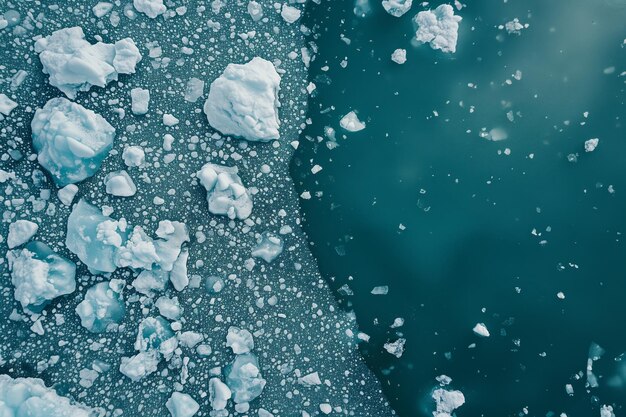 Vista aérea de un glaciar, hielo roto y agua turquesa.