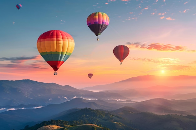 Foto vista aérea de globos de aire caliente que se elevan sobre hermosas montañas