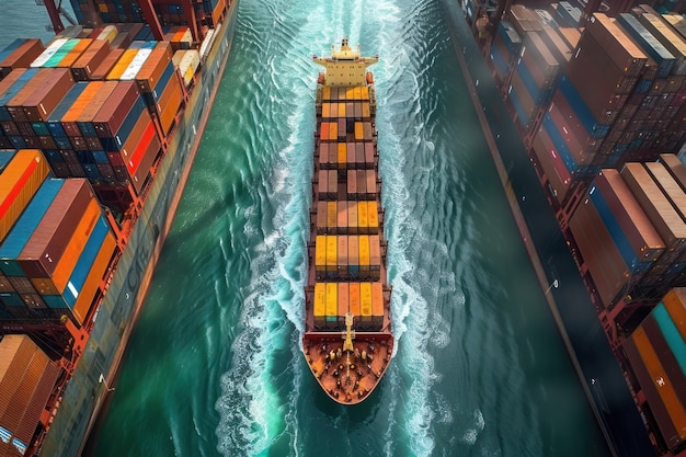 Foto vista aérea de un gran buque de carga cargado de contenedores coloridos que atraviesa las tranquilas aguas azules del océano concepto de carga de envío industrial