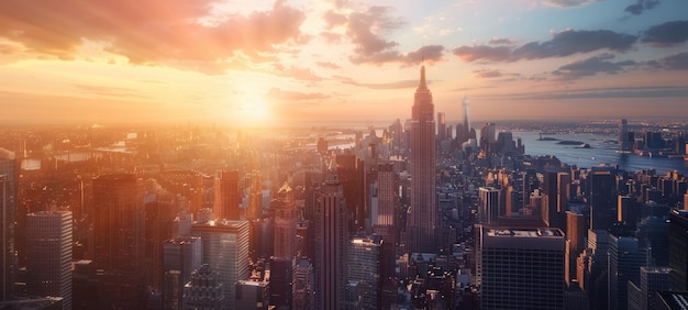 Vista aérea de una gran ciudad con rascacielos al atardecer panorama del centro de la ciudad ai generado