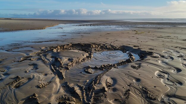 Una vista aérea de un gran cráter de arena en una playa