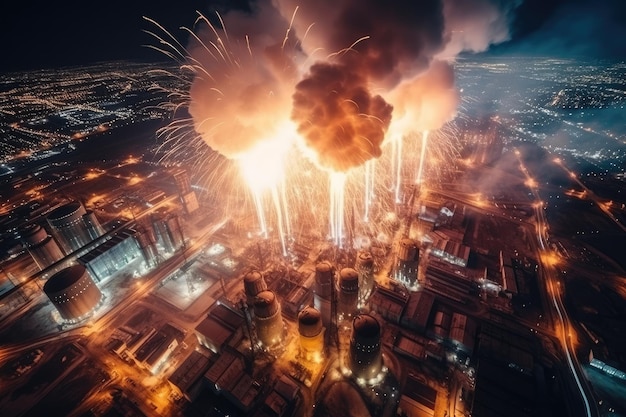 Vista aérea de gran explosión e incendio en planta de energía IA generativa