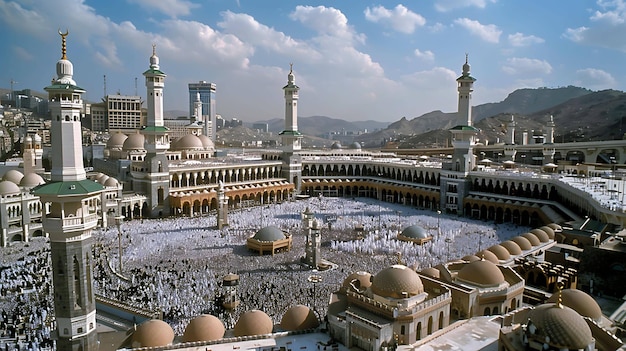 Foto una vista aérea de la gran mezquita en la meca, arabia saudita la mezquita está rodeada por un mar de peregrinos vestidos de blanco
