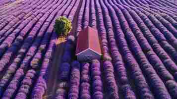 Foto una vista aérea de un granero rodeado de filas de lavanda en flor que llenan el aire de fragancia